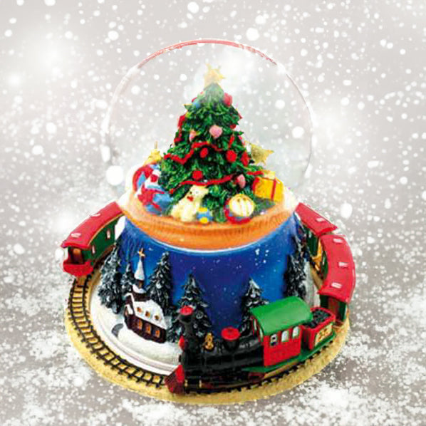 Schneekugel mit Tannenbaum und Zug mit Musik