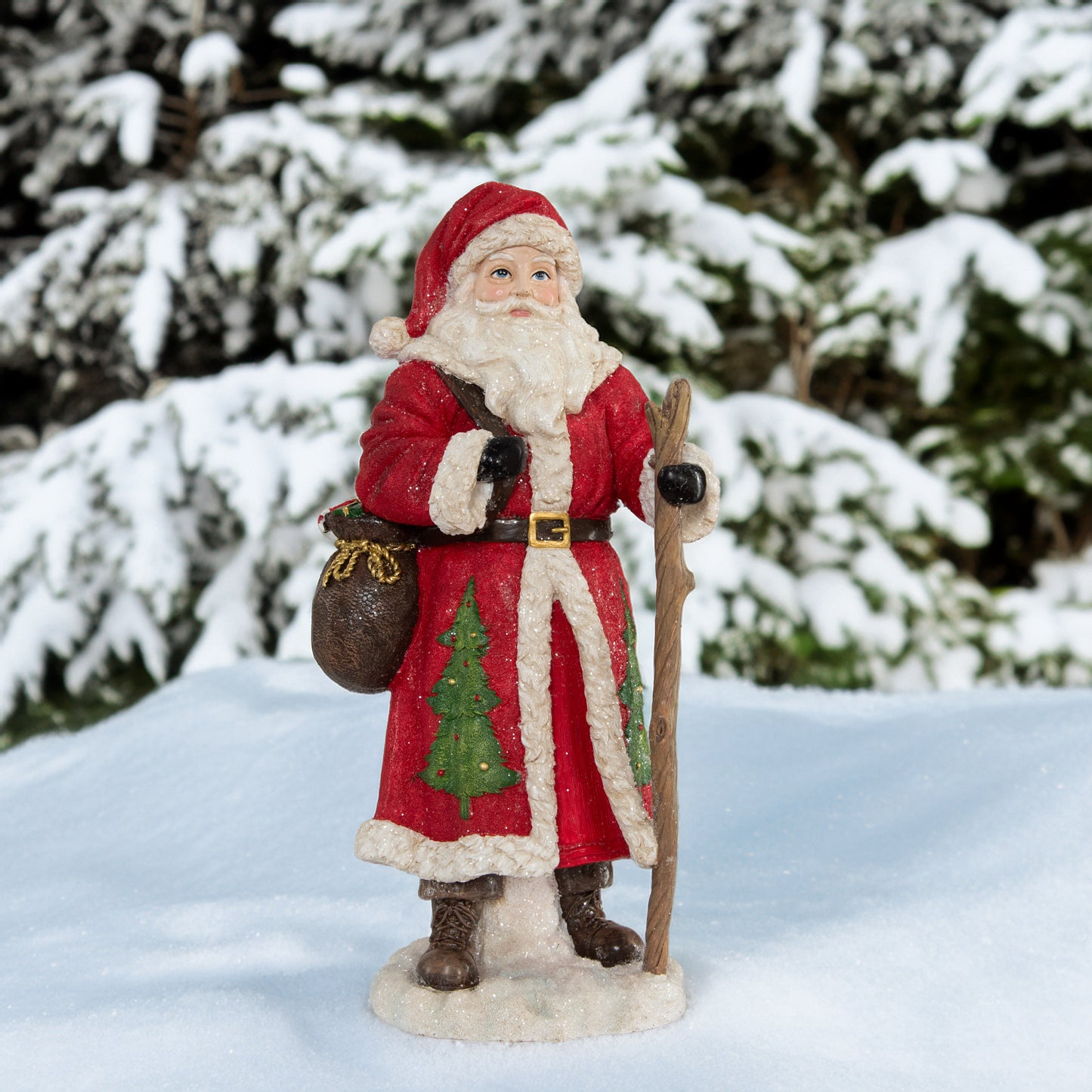 Weihnachtsmann mit Gehstock und Geschenken